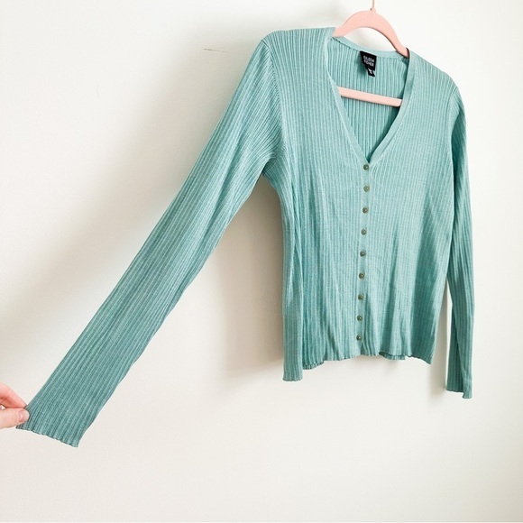 Eileen Fisher Blue Green Silk Linen Blend ribbed V Neck Cardigan Sweater XS - Picture 4 of 6